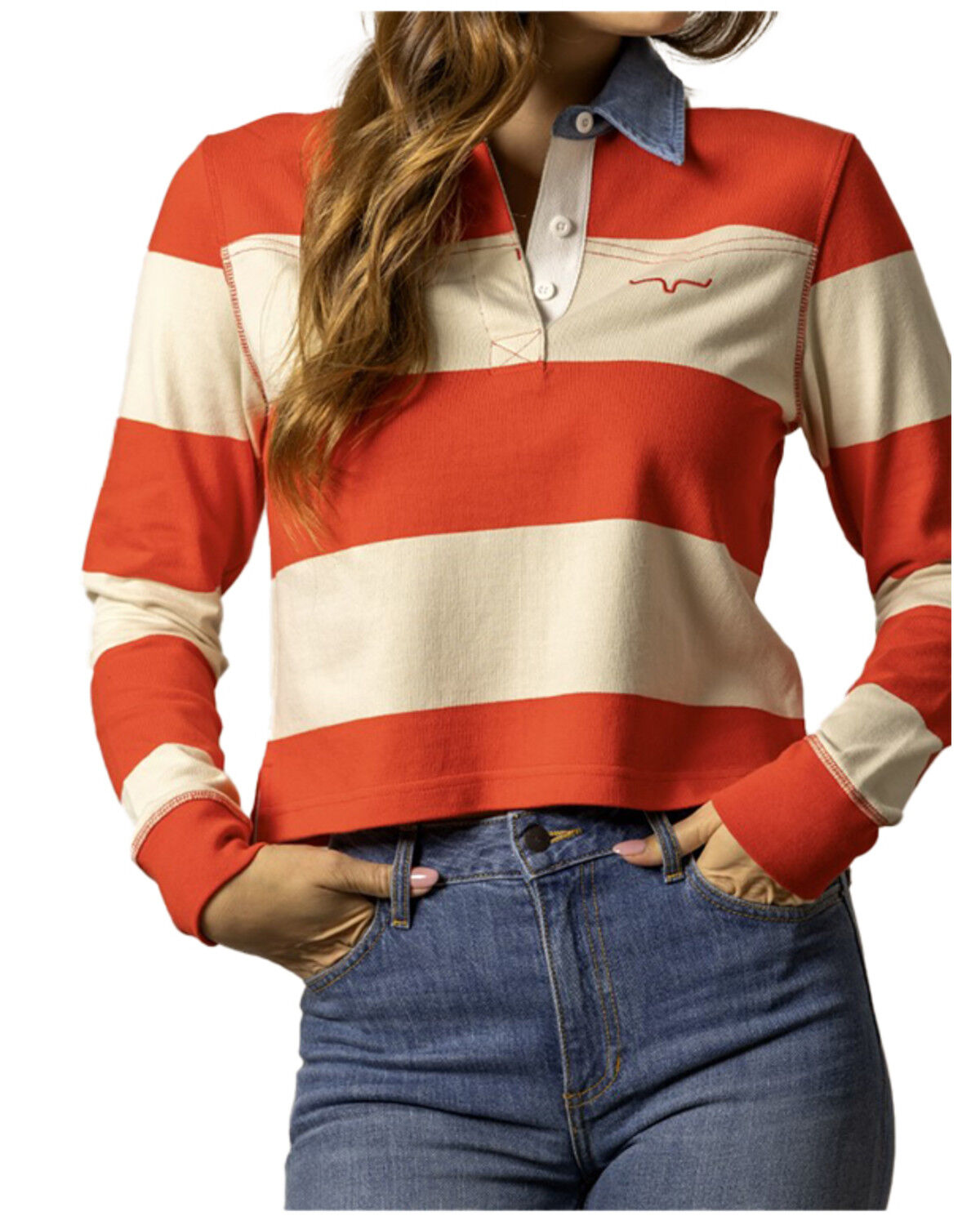 Image #1 - Kimes Ranch Women's Jamila Striped Long Sleeve Polo Shirt, Red, hi-res