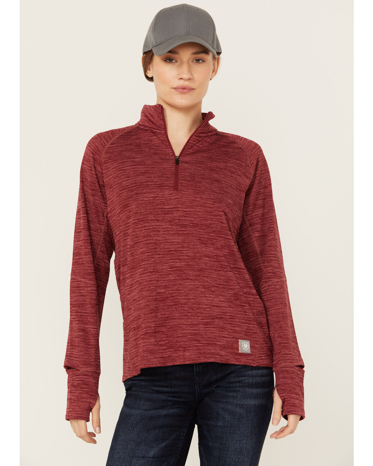 Image #1 - Ariat Women's Rebar Gridwork Baselayer 1/4 Zip T-Shirt, Red, hi-res