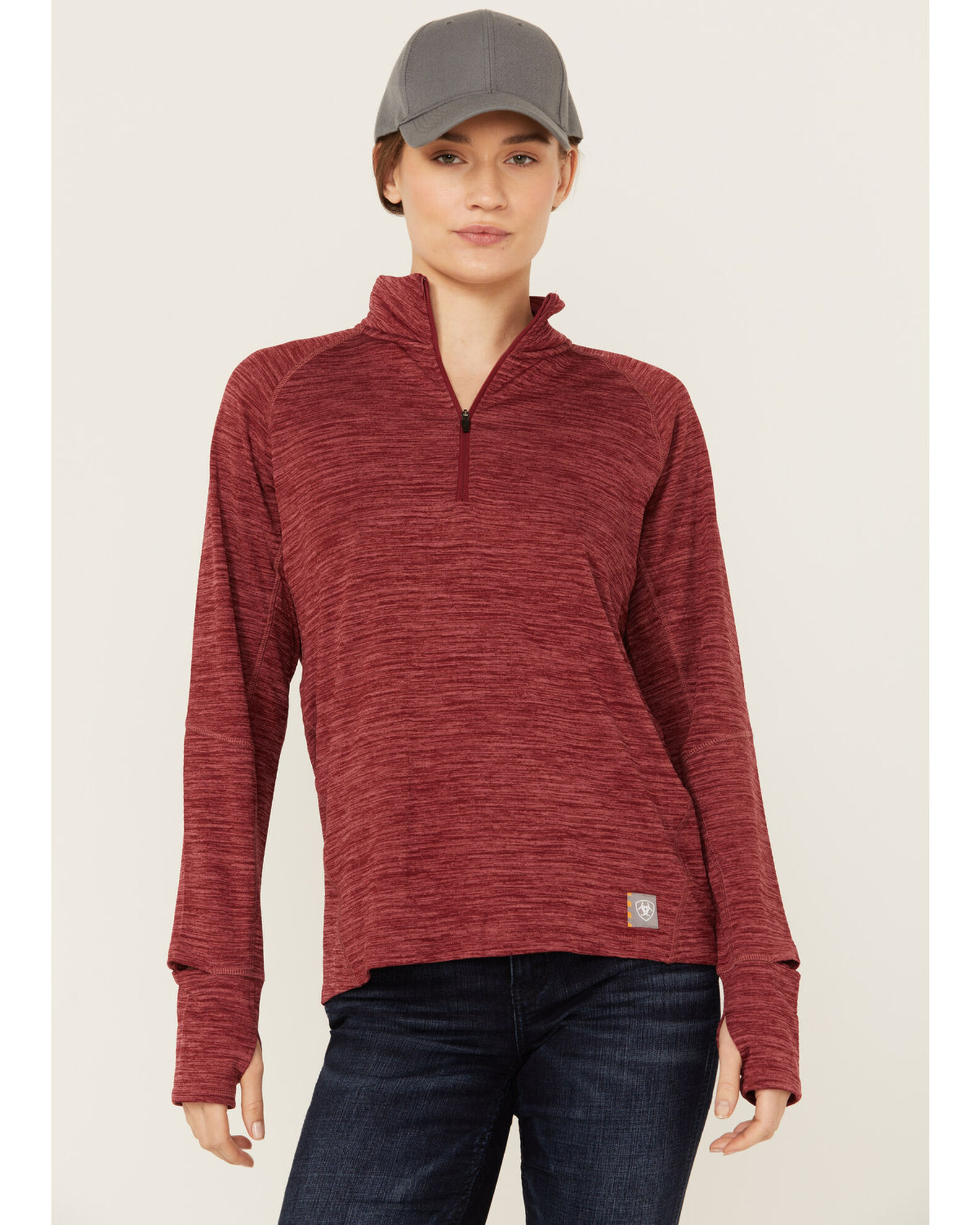 Image #1 - Ariat Women's Rebar Gridwork Baselayer 1/4 Zip T-Shirt, Red, hi-res