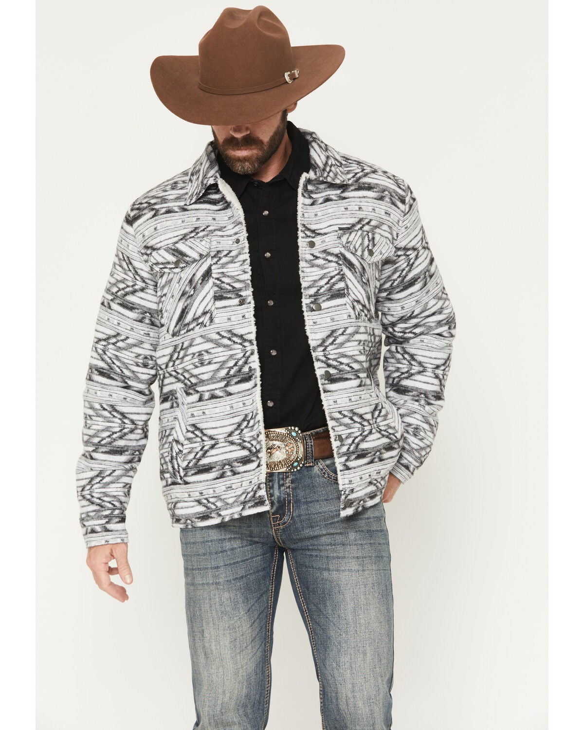 Rock & Roll Denim Men's Southwestern Print Berber Lined Shirt Jacket, Grey, hi-res
