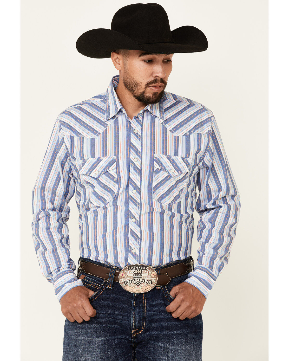 Image #1 - Wrangler 20X Men's Striped Long Sleeve Snap Western Shirt, Blue, hi-res