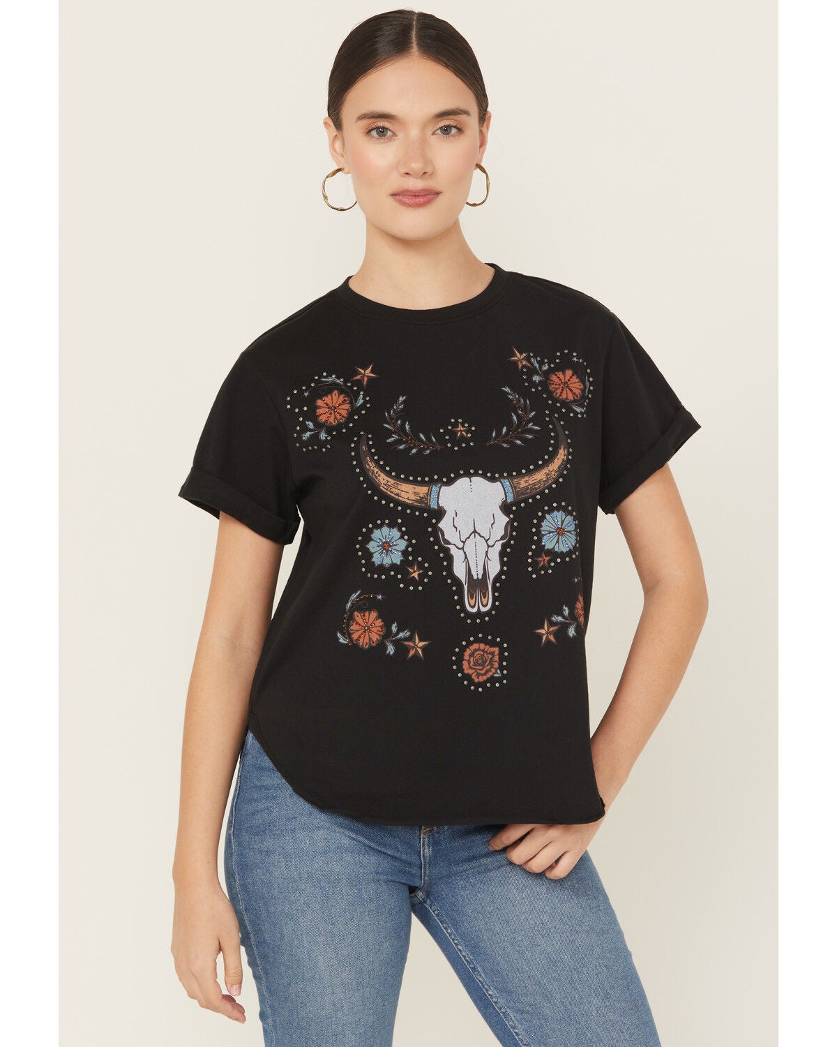 Idyllwind Women's Studded Bull Skull Short Sleeve Graphic Tee, Black, hi-res