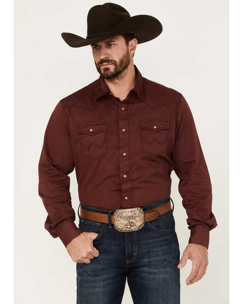 Wrangler Retro Men's Premium Solid Long Sleeve Snap Western Shirt , Wine, hi-res