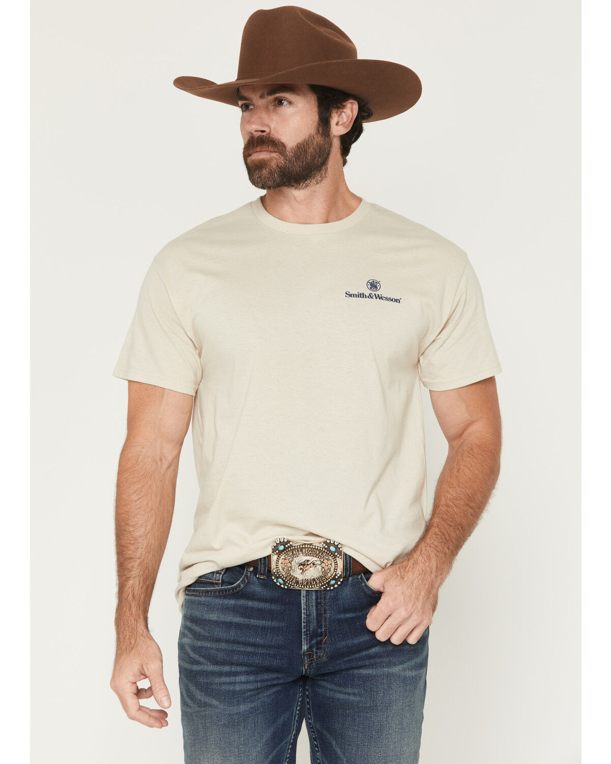 Image #2 - Smith & Wesson Men's Boot Barn Exclusive Bullhead Cylinder Short Sleeve Graphic T-Shirt, Sand, hi-res