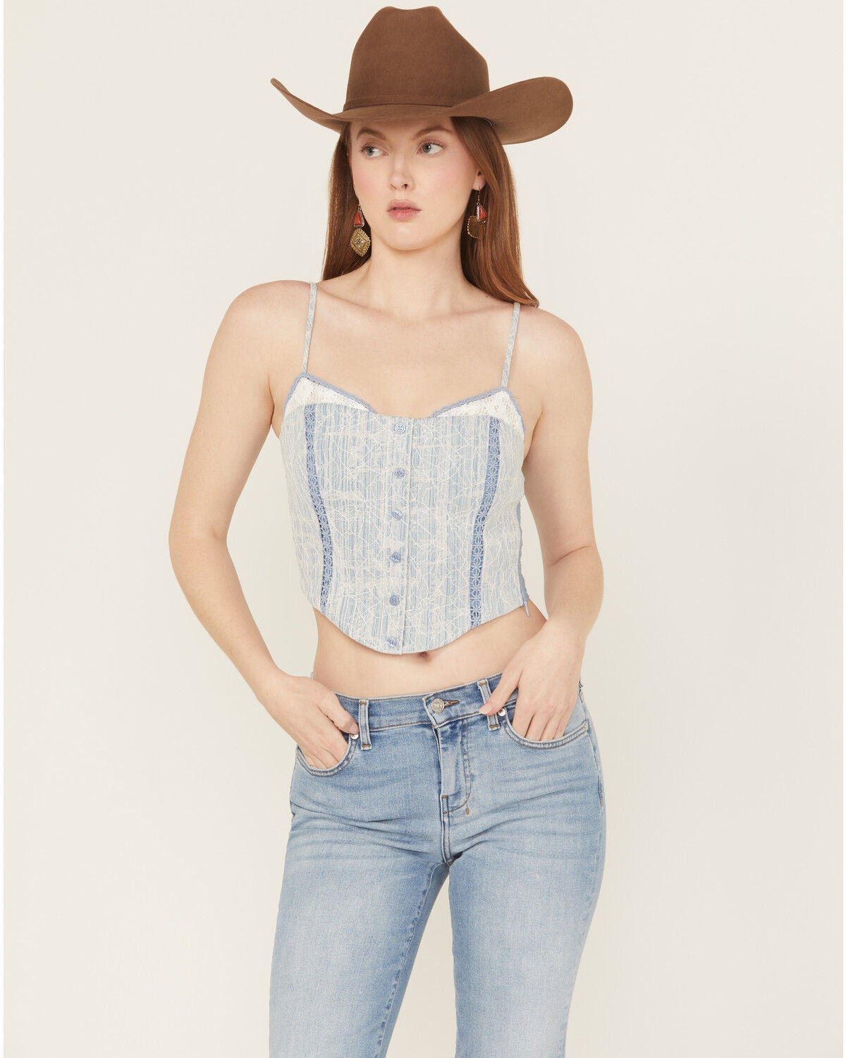 Miss Me Women's Denim Sleeveless Button-Down Bustier, Blue, hi-res