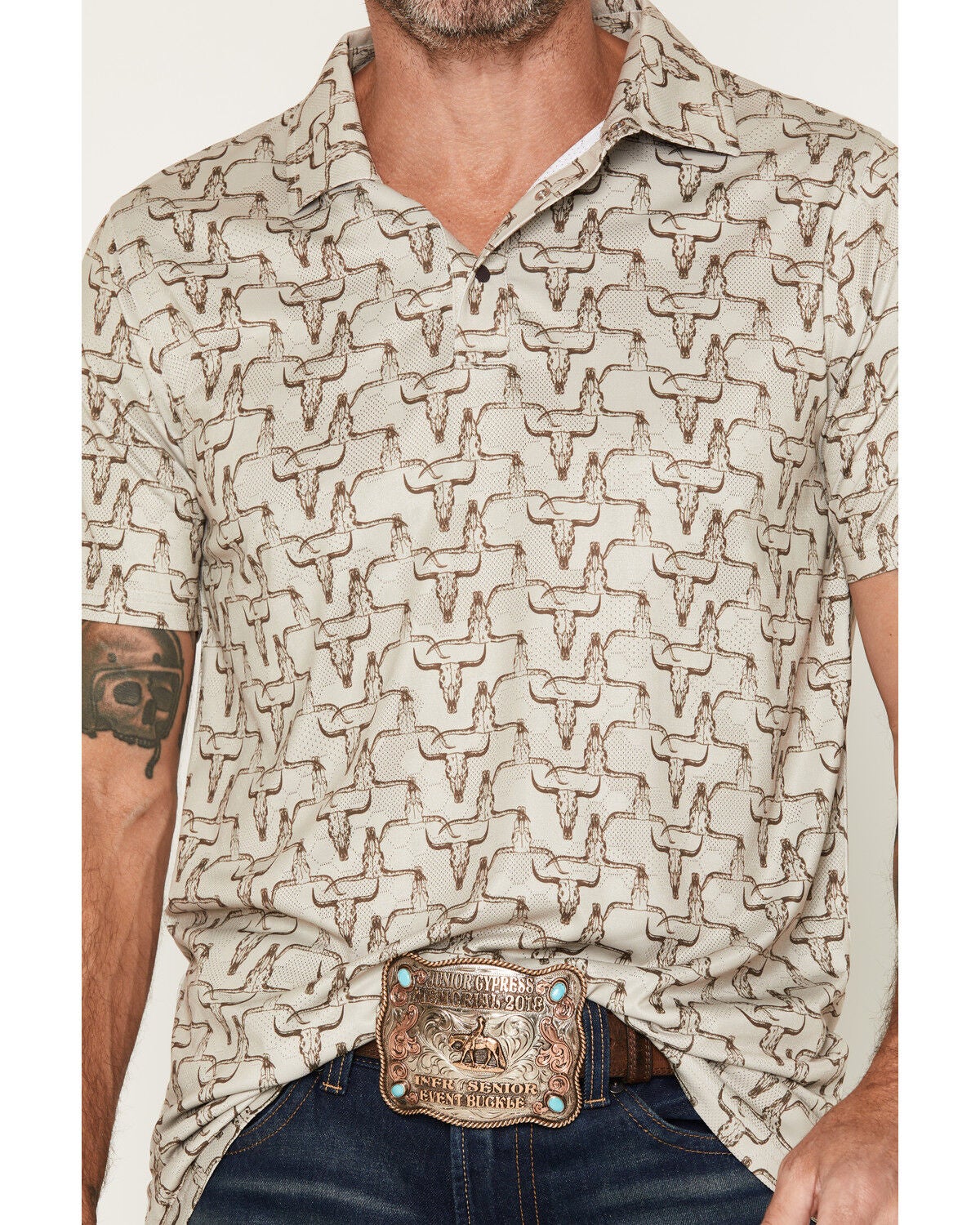 Image #3 - Cowboy Hardware Men's Hombre Skull Print Short Sleeve Snap Stretch Polo Shirt, Tan, hi-res