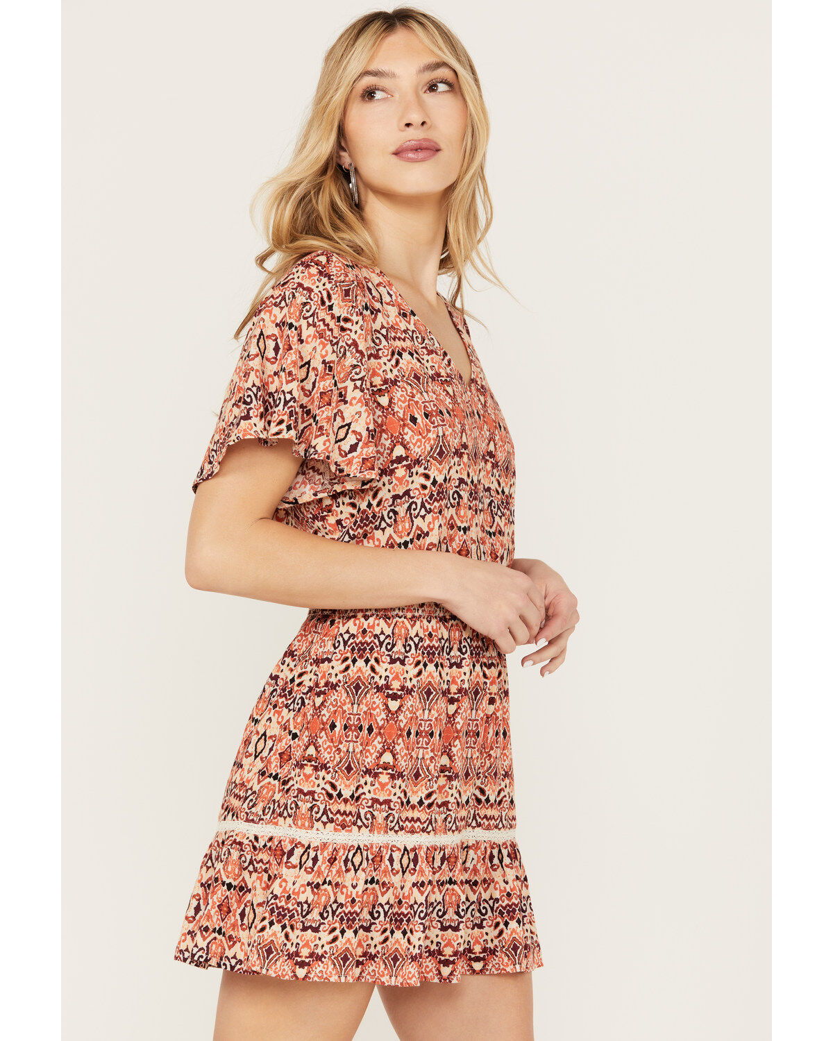 Image #3 - Idyllwind Women's Blossom Flutter Sleeve Smocked Mini Dress, Maroon, hi-res