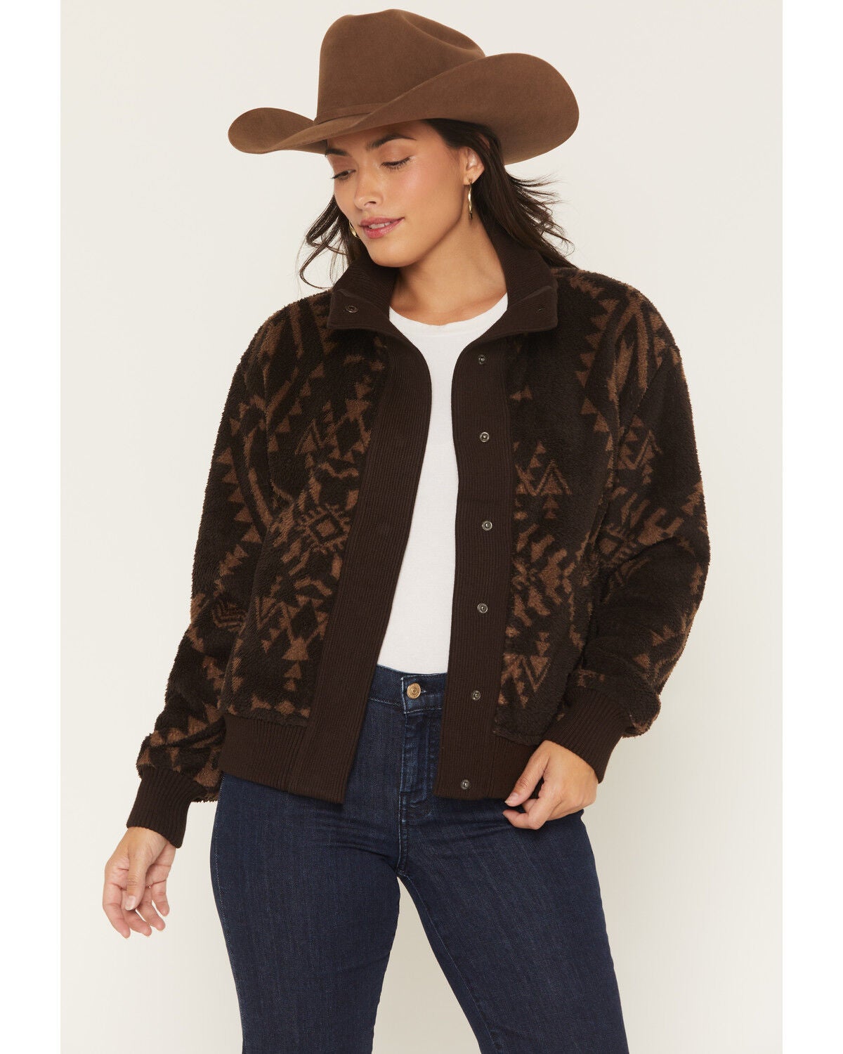 Hooey Women's Southwestern Print Sherpa Lined Snap Sweater, Brown, hi-res