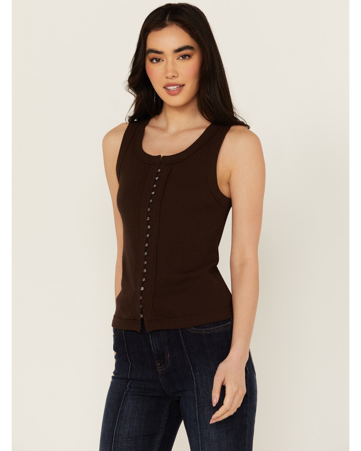 Idyllwind Women's Edna Button Front Ribbed Tank, Dark Brown, hi-res