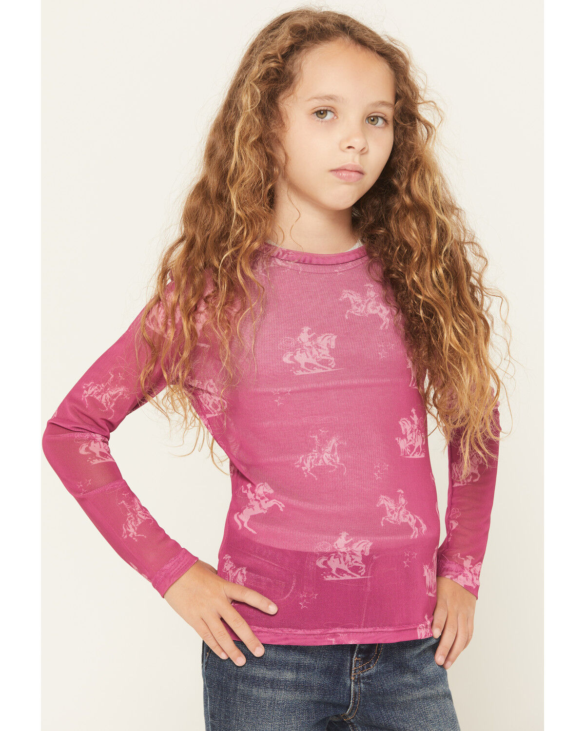 Image #2 - Cowgirl Hardware Girls' Desert Bronc Long Sleeve Mesh Top, Pink, hi-res