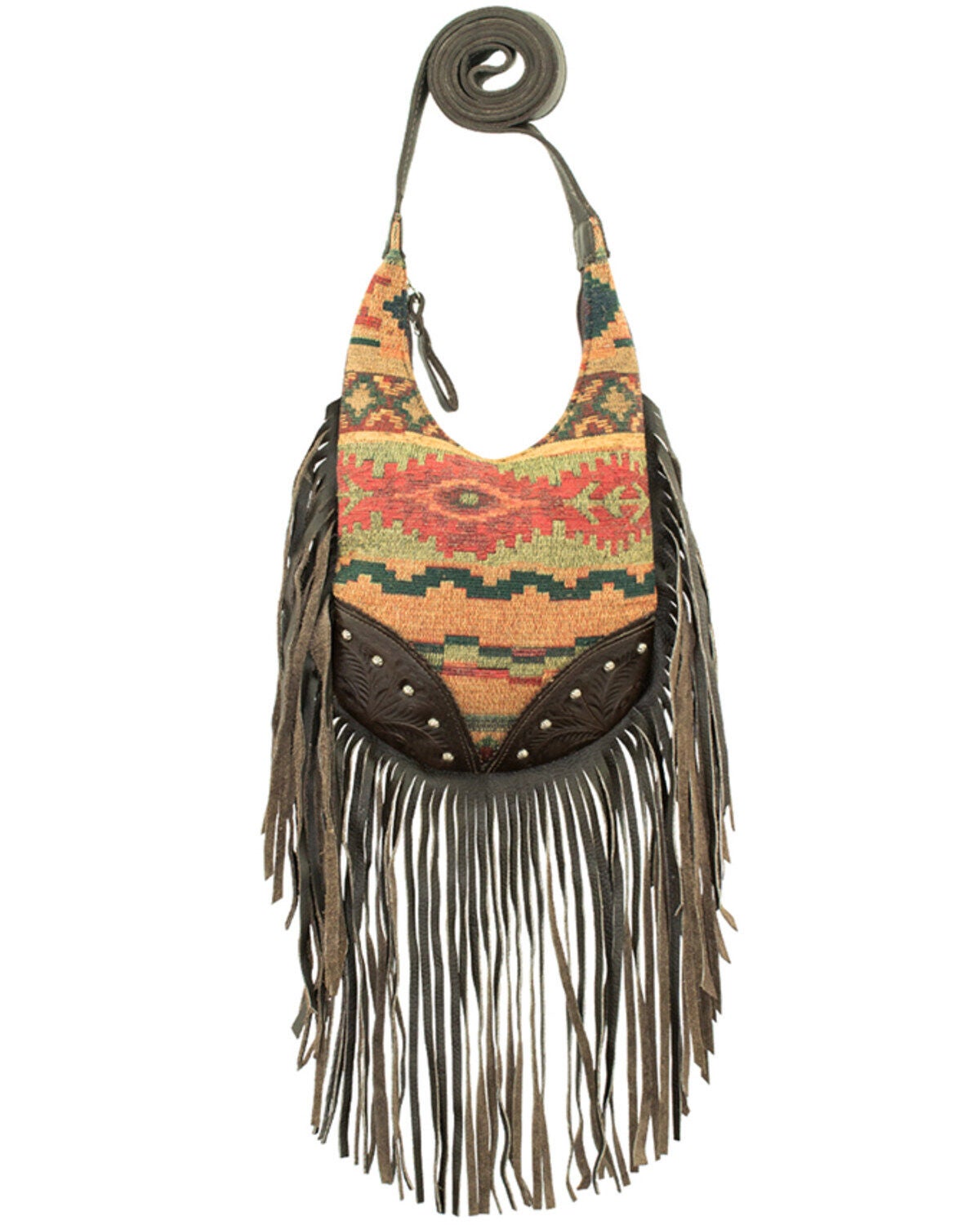 American West Women's Southwestern Tapestry Studded Fringe Crossbody, Multi, hi-res