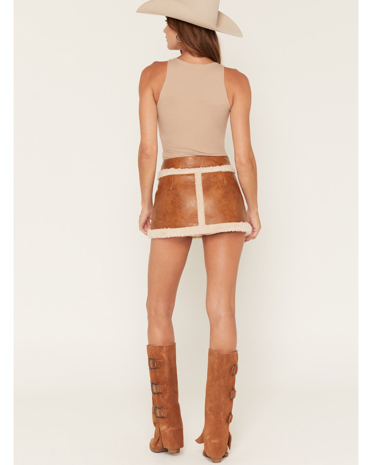 Image #3 - Show Me Your Mumu Women's Laurel Canyon Sherpa Faux Leather Skort, Cognac, hi-res