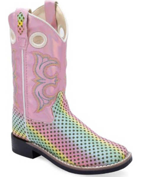 Old West Girls' Fancy Stitch Western Boots - Broad Square Toe , Pink, hi-res