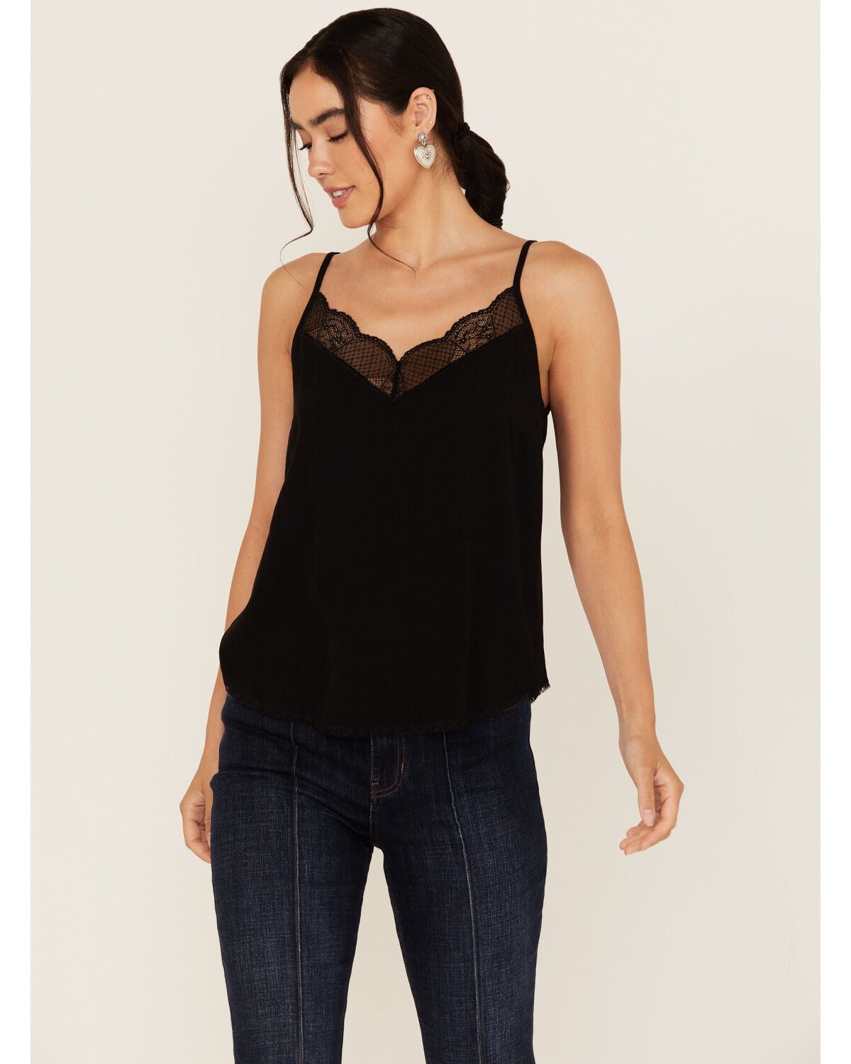 Idyllwind Women's Randa Solid Lace Trim Cami Tank, Black, hi-res