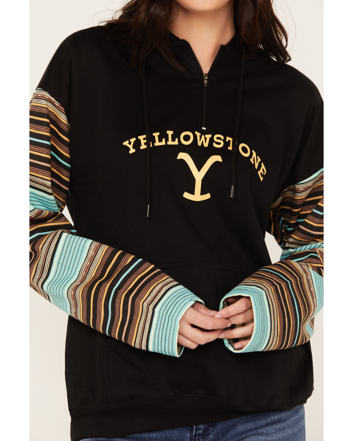 Image #3 - Paramount Network's Yellowstone Women's Serape Striped Print Logo Hoodie, Teal, hi-res