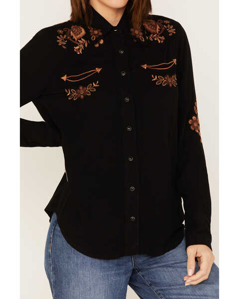 Stetson Women's Floral Embroidered Long Sleeve Snap Western Shirt, Black, hi-res