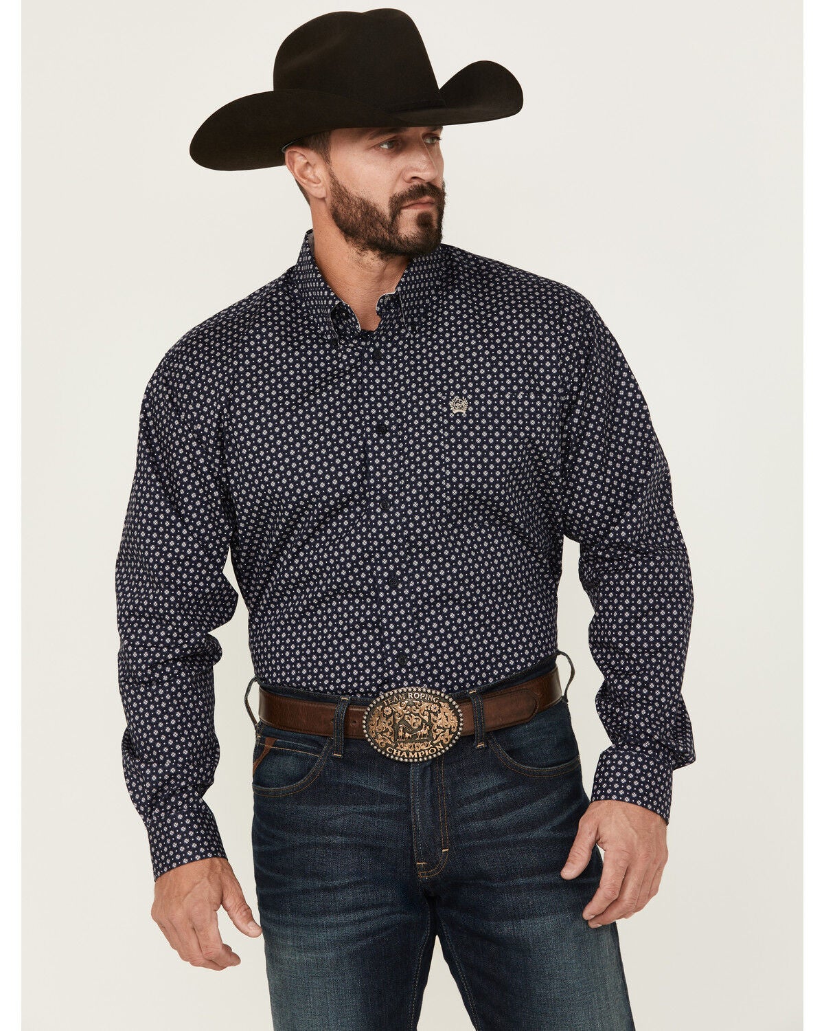 Cinch Men's Geo Print Long Sleeve Button-Down Western Shirt, Navy, hi-res
