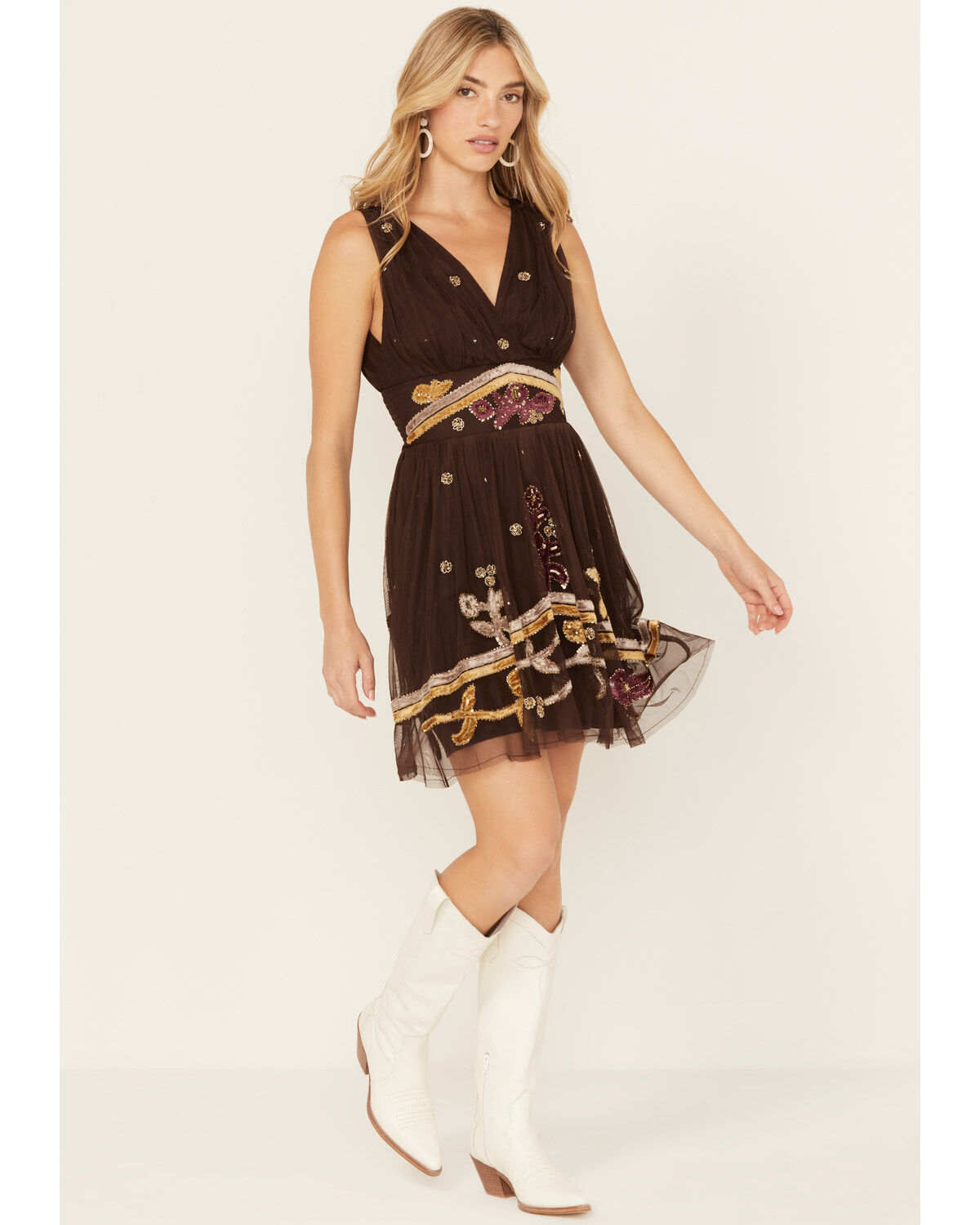 Image #2 - Shyanne Women's Embroidered Tulle Mini Dress, Chocolate, hi-res