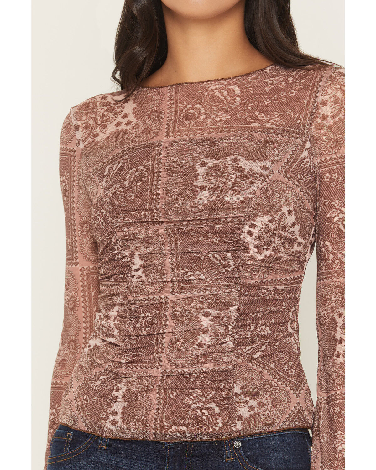 Image #3 - Ash & Violet Women's Floral Print Long Sleeve Mesh Shirt, Rust Copper, hi-res