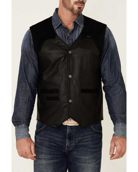 Wrangler Men\'s Black Leather Suede Yoke Snap-Front Moto Vest | Boot Barn