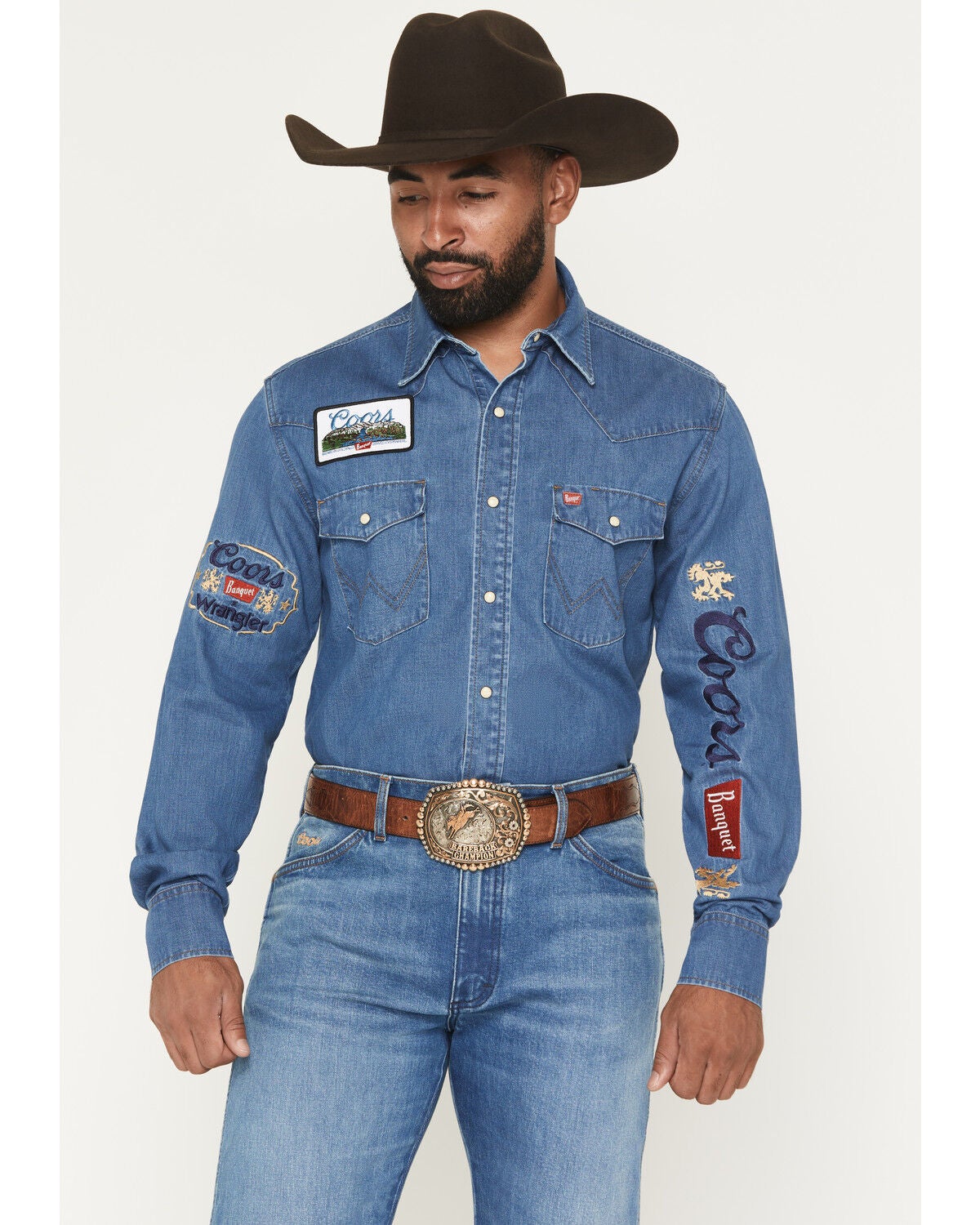 Wrangler X Coors Banquet Men's Embroidered Denim Long Sleeve Snap Western Shirt, Light Medium Wash, hi-res