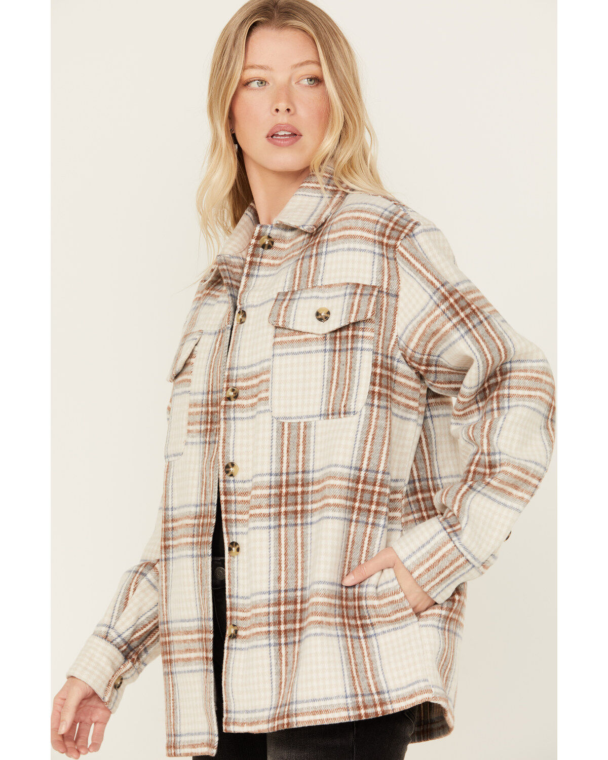 Image #3 - Cleo + Wolf Women's Flannel Shacket, Cream, hi-res