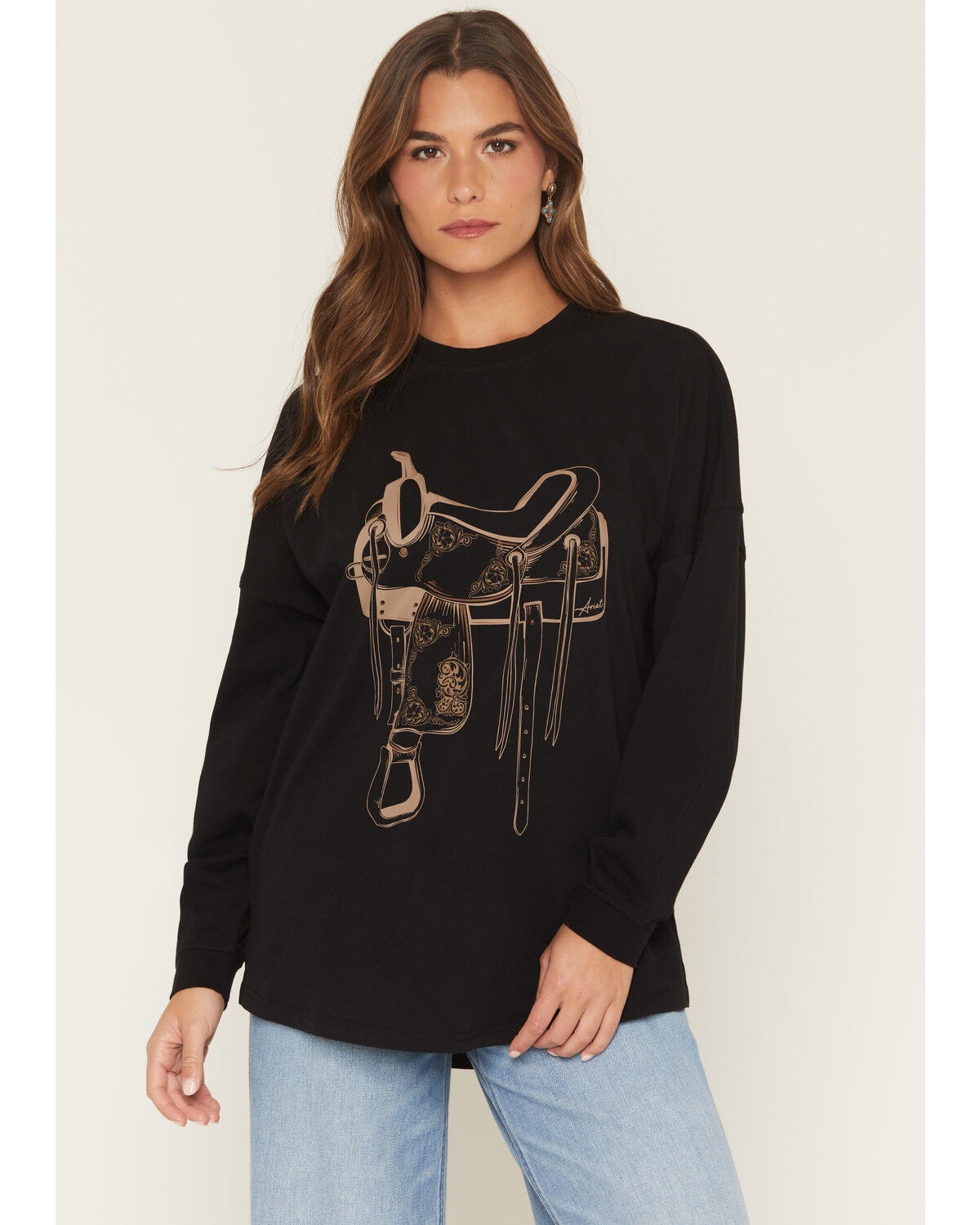Image #1 - Ariat Women's Saddle Long Sleeve Oversized Graphic Tee, Black, hi-res