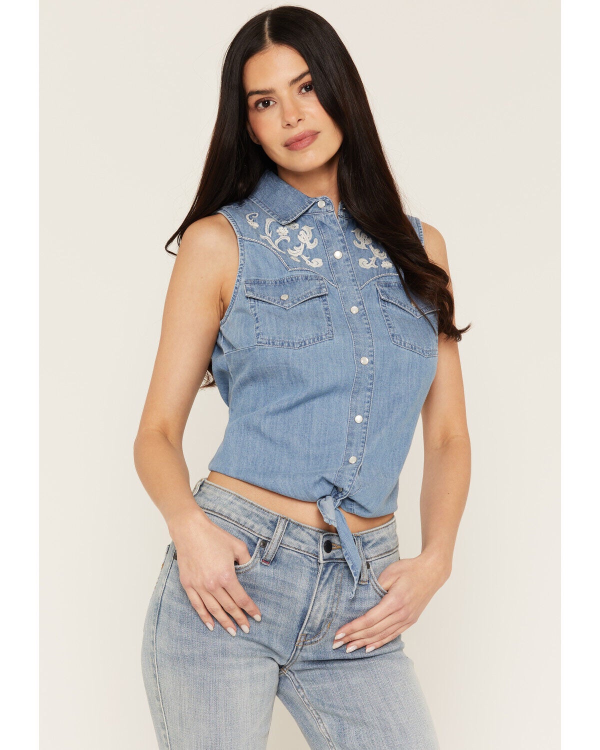 Idyllwind Women's Pearl Embroidered Tie-Front Sleeveless Pearl Snap Western Shirt, Medium Wash, hi-res