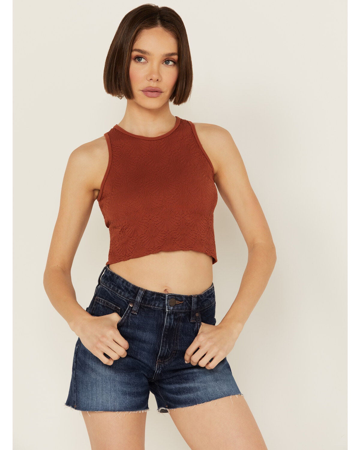 Fornia Women's Floral High Neck Cropped Top, Rust Copper, hi-res