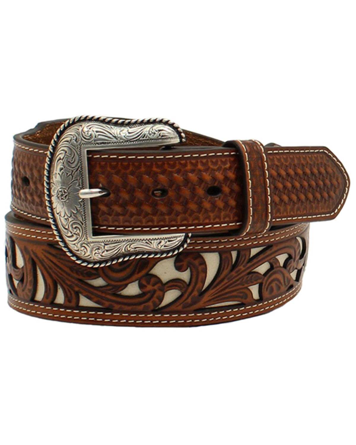 Image #1 - Nocona Men's Floral Pierced Double-Stitch Belt, Brown, hi-res