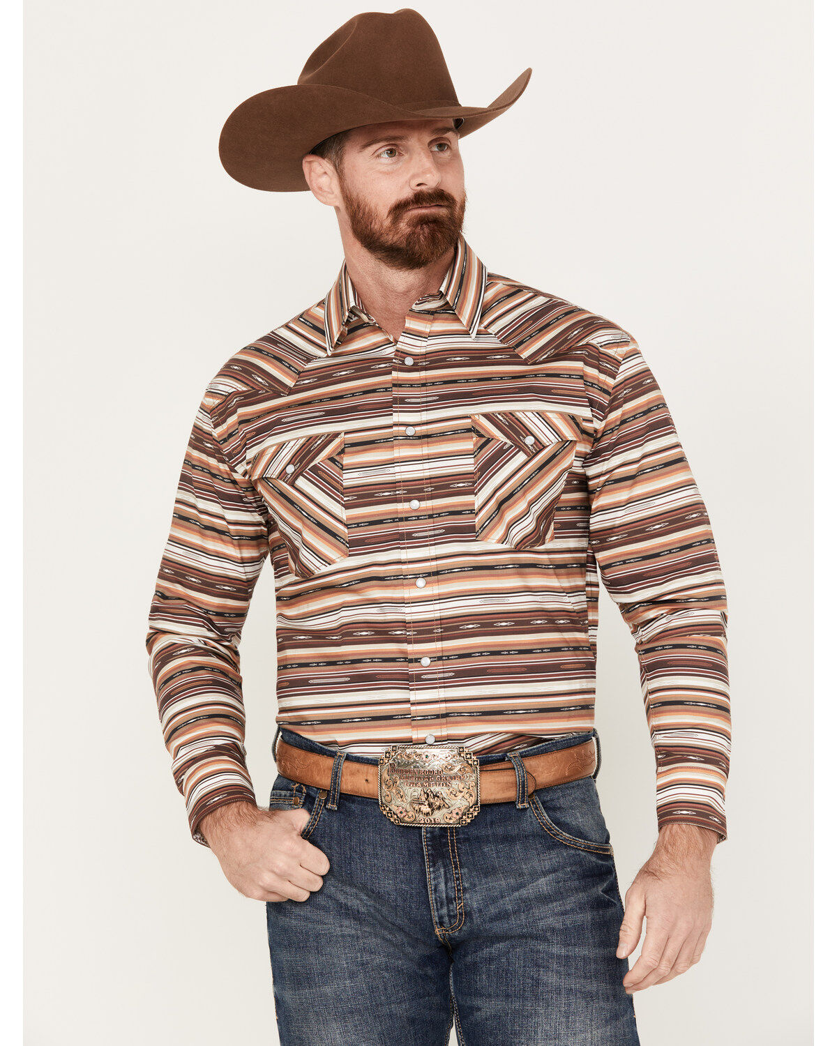 Image #1 - Rough Stock by Panhandle Men's Southwestern Striped Long Sleeve Western Pearl Snap Shirt, Brown, hi-res