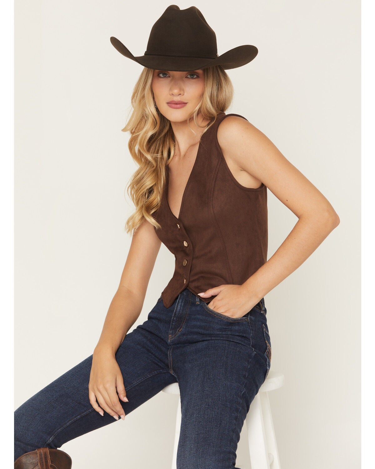 Stoosh Women's Faux Suede Solid Button-Down Vest, Dark Brown, hi-res