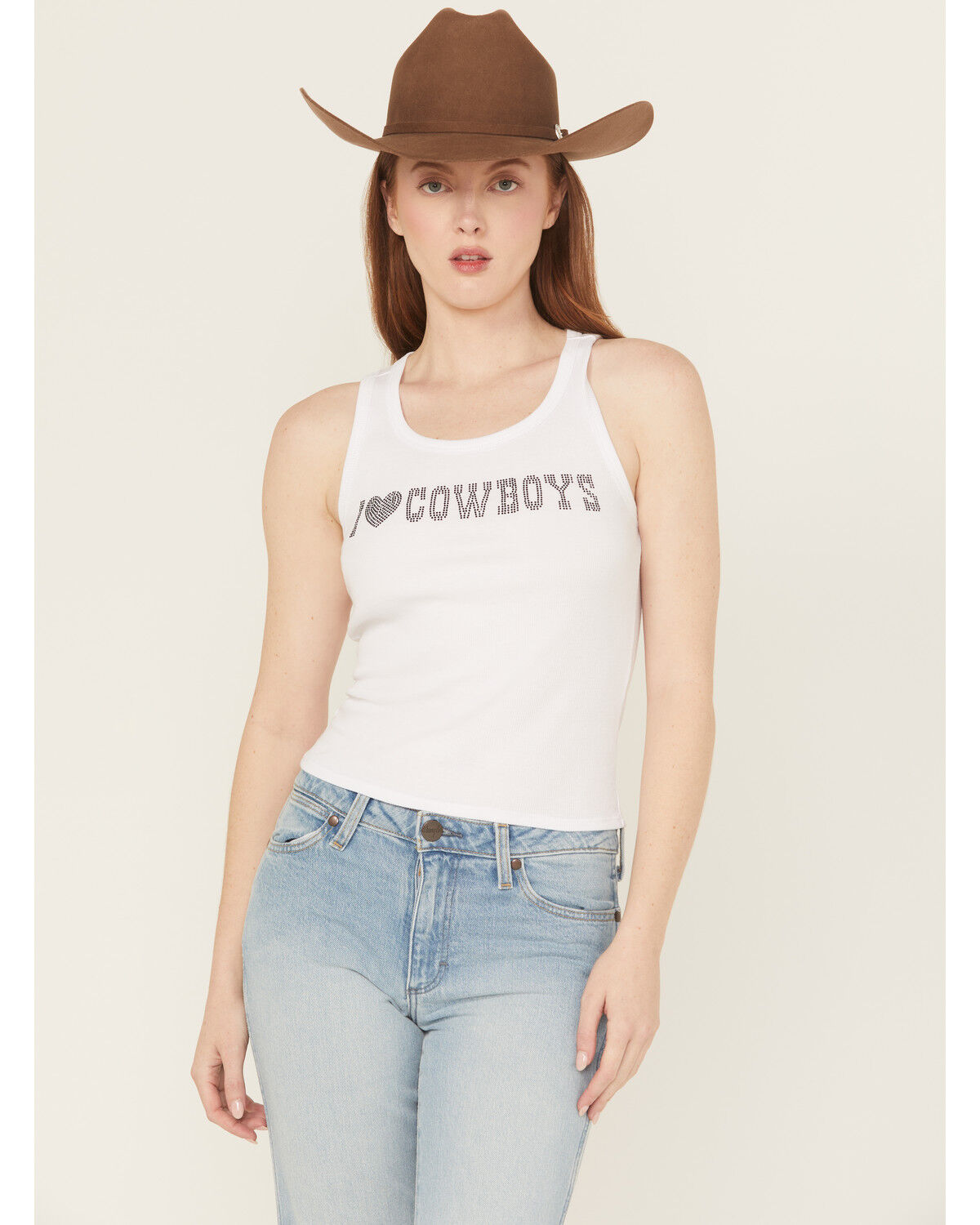 Image #1 - Youth In Revolt Women's I Heart Cowboys Rhinestone Tank Top, White, hi-res