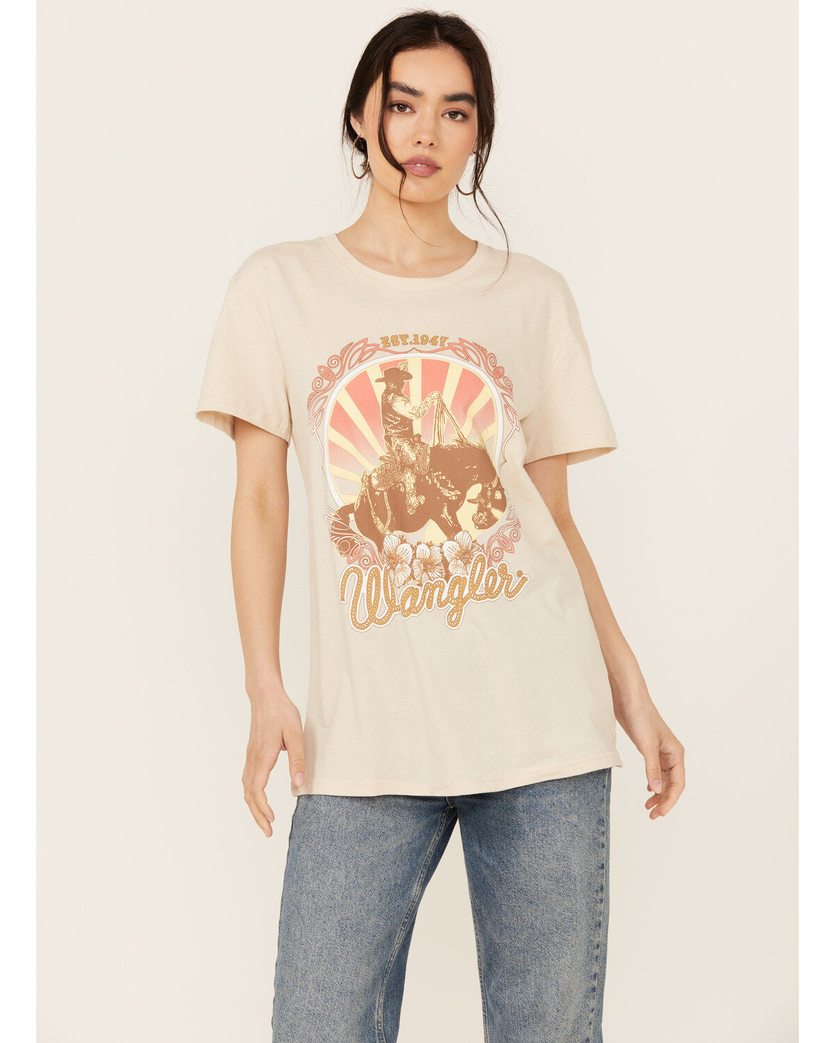 Wrangler Women's Boot Barn Exclusive Cowboy Logo Boyfriend Fit Short Sleeve Graphic Tee, Oatmeal, hi-res