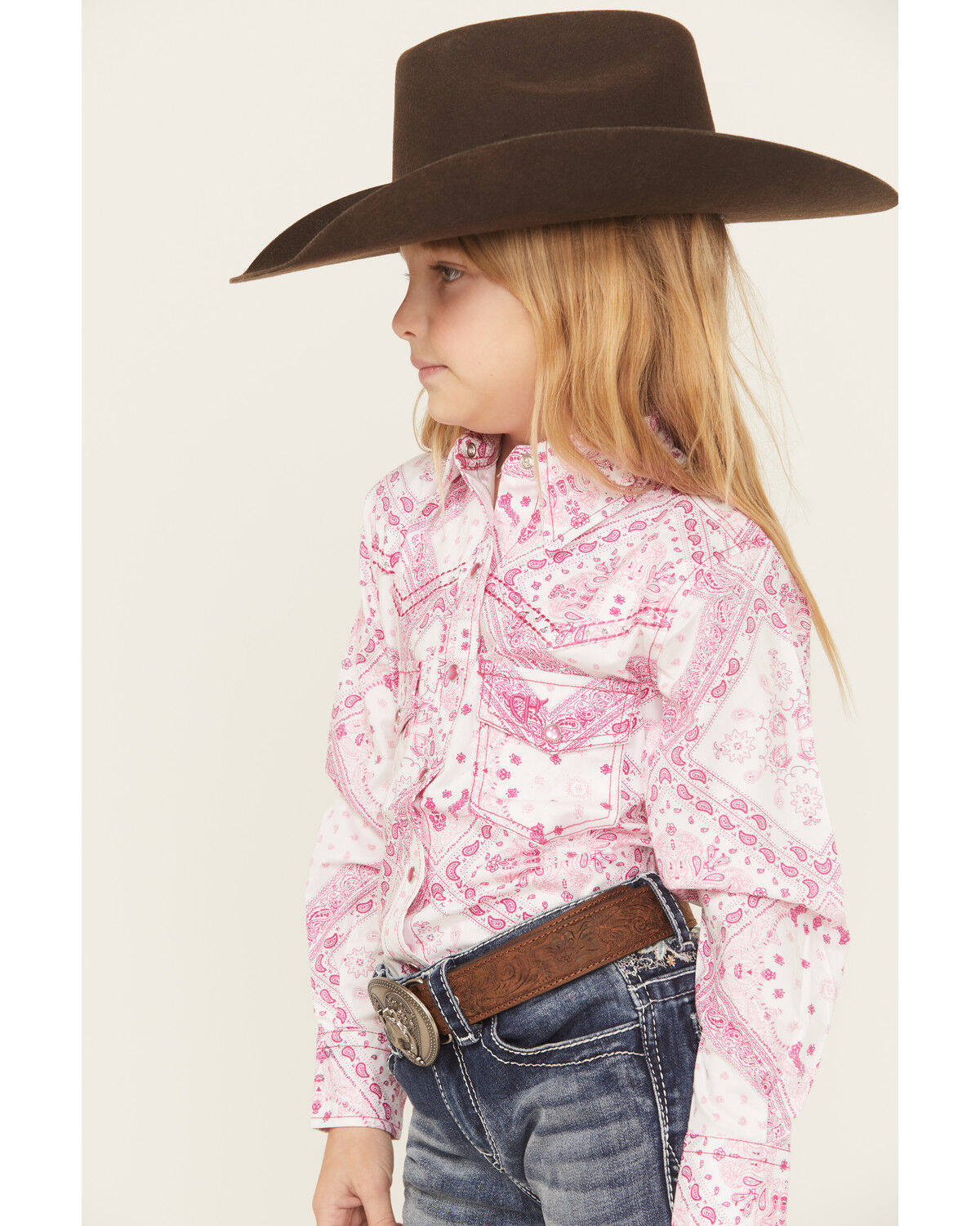 Image #2 - Cowgirl Hardware Girls' Bandana Print Long Sleeve Pearl Snap Stretch Western Shirt, , hi-res
