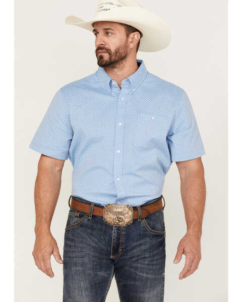RANK 45® Men's Cantle Geo Print Short Sleeve Button-Down Western Shirt , Light Blue, hi-res