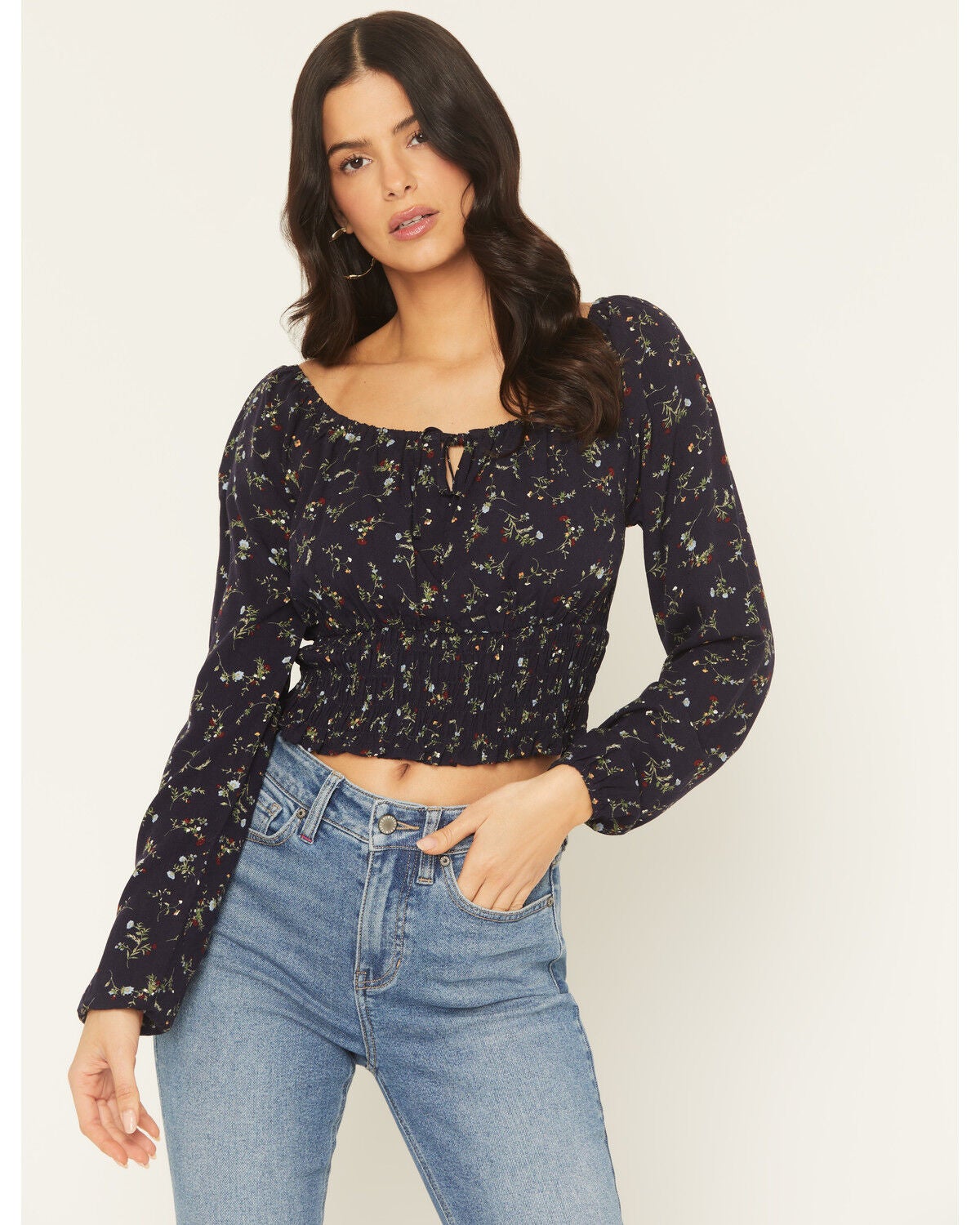 Idyllwind Women's Turner Ditsy Floral Print Long Sleeve Top, Indigo, hi-res