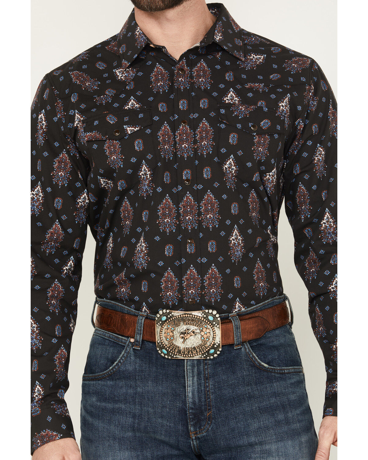 Image #3 - Gibson Trading Co Men's Tiki Torch Paisley Print Long Sleeve Snap Stretch Western Shirt, Black, hi-res