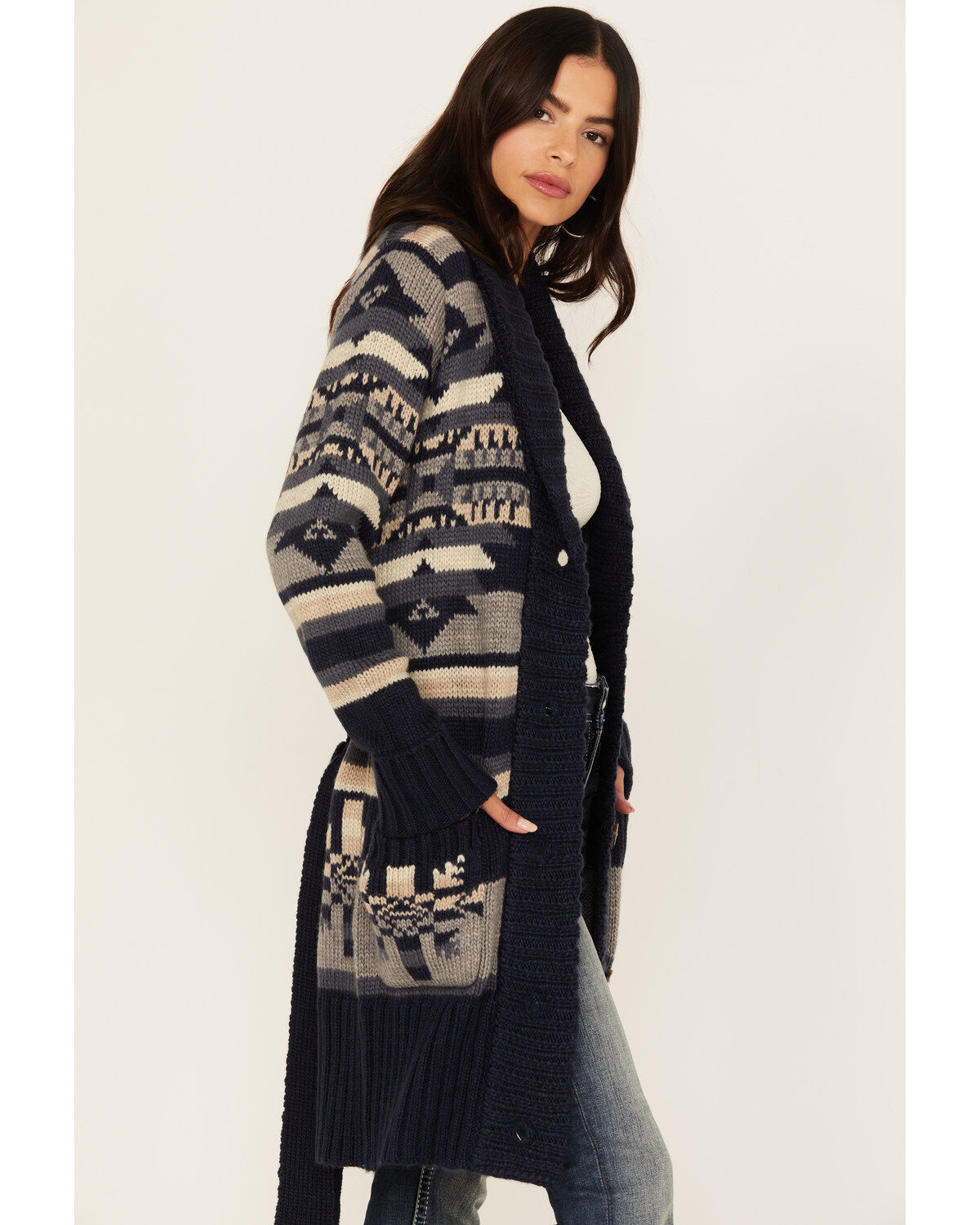 Image #3 - Stetson Women's Southwestern Print Shawl Cardigan, Blue, hi-res