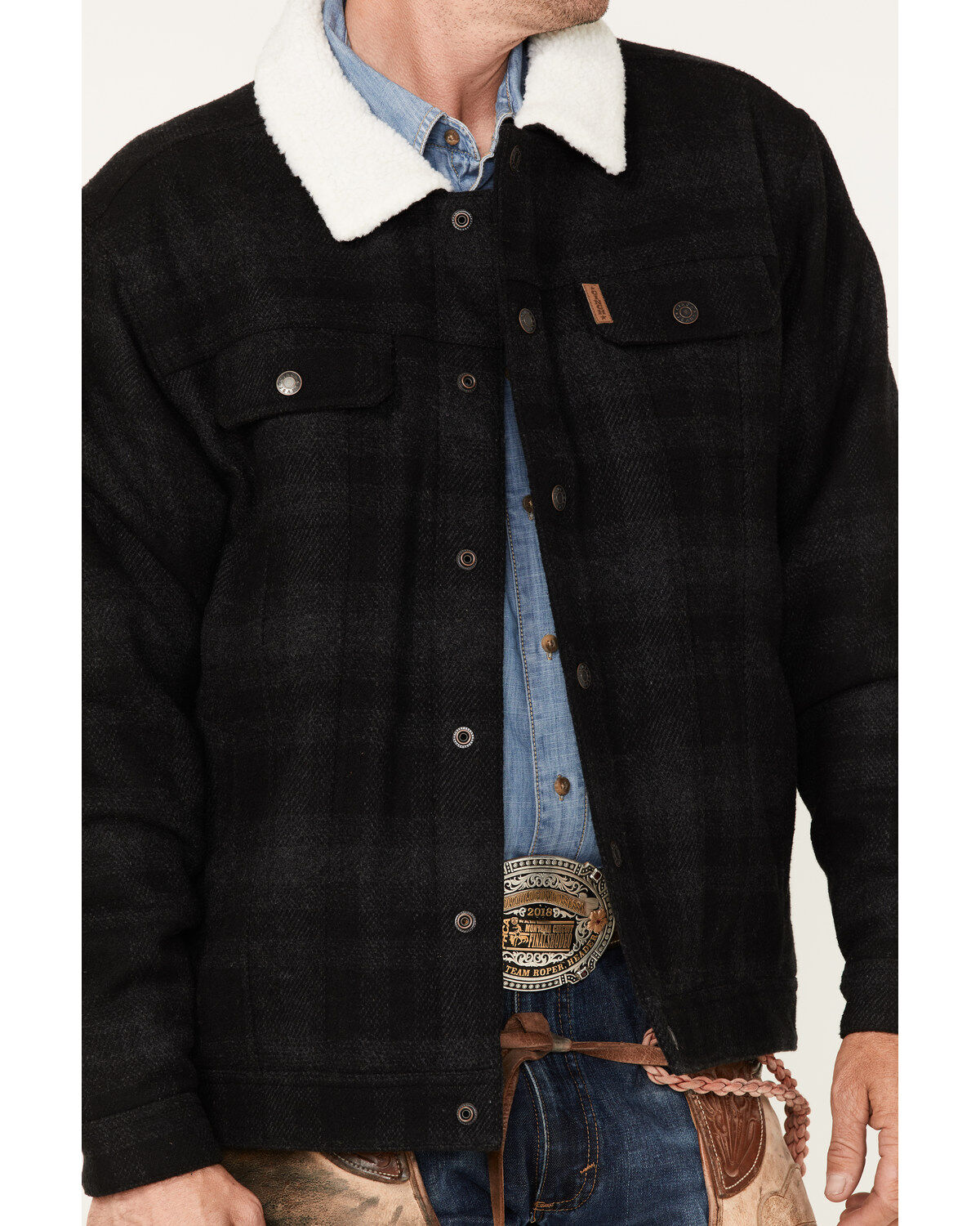 Image #4 - Cinch Men's Solid Sherpa-Lined CC Snap Wool Trucker Jacket, Black, hi-res