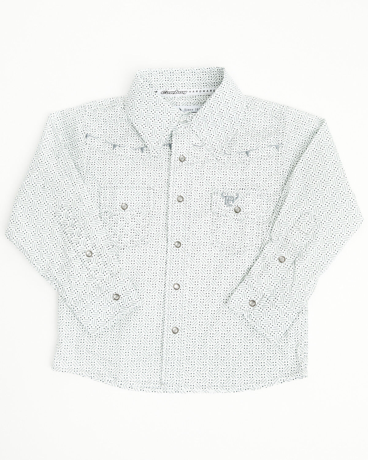 Image #1 - Cowboy Hardware Toddler Boys' Geo Print Long Sleeve Pearl Snap Stretch Western Shirt, White, hi-res