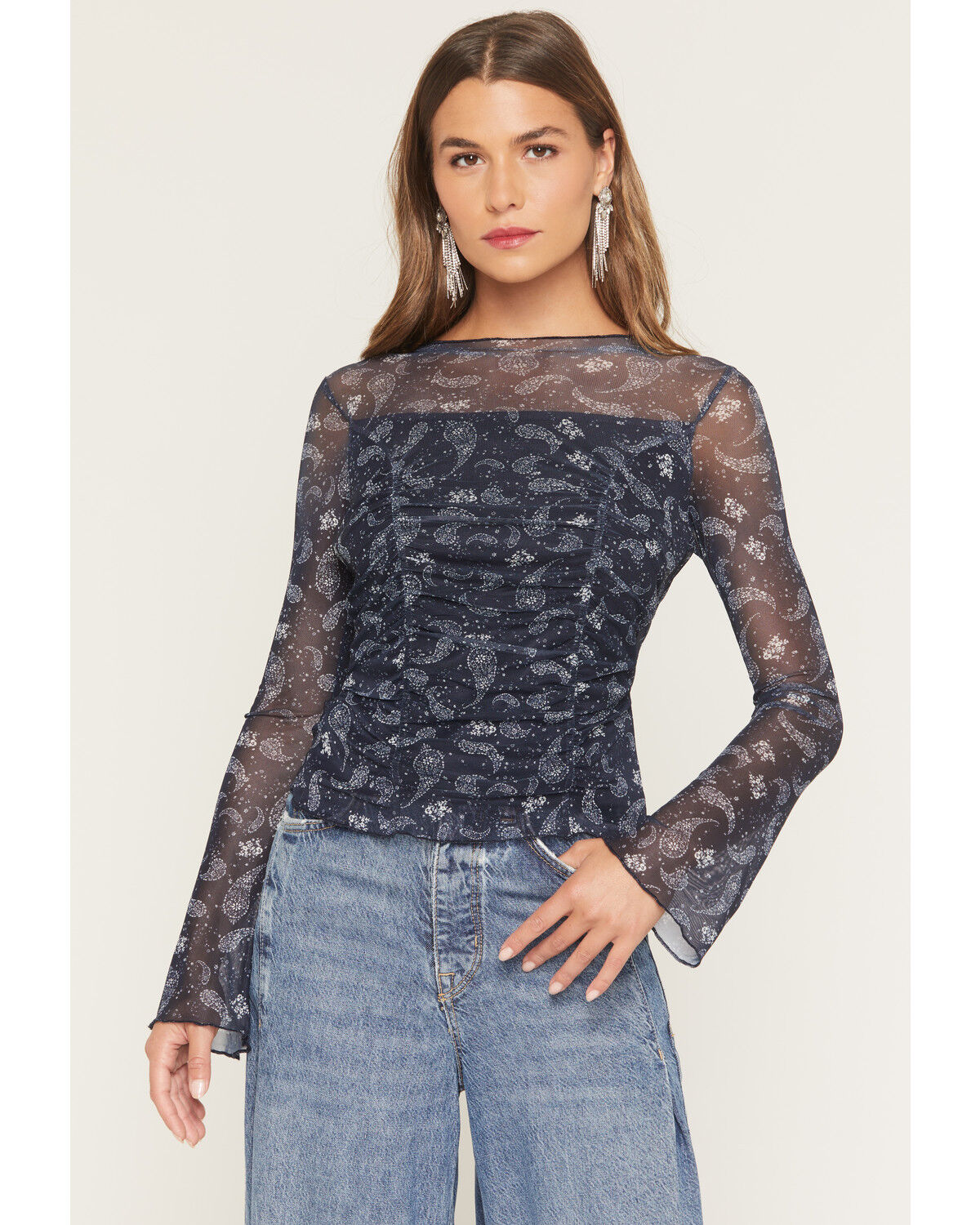 Image #1 - Ash & Violet Women's Paisley Print Long Sleeve Mesh Top, Blue, hi-res