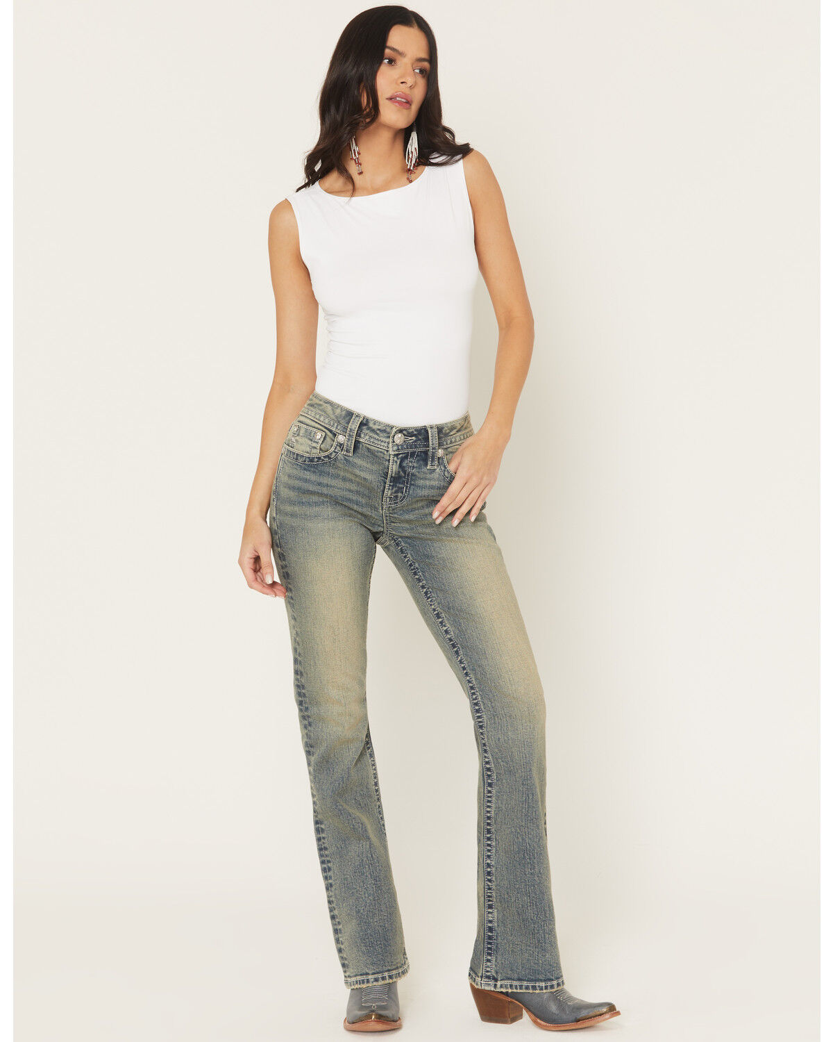 Miss Me Women's Dark Wash Mid Rise Winged Pocket 32" Bootcut Stretch Denim Jeans