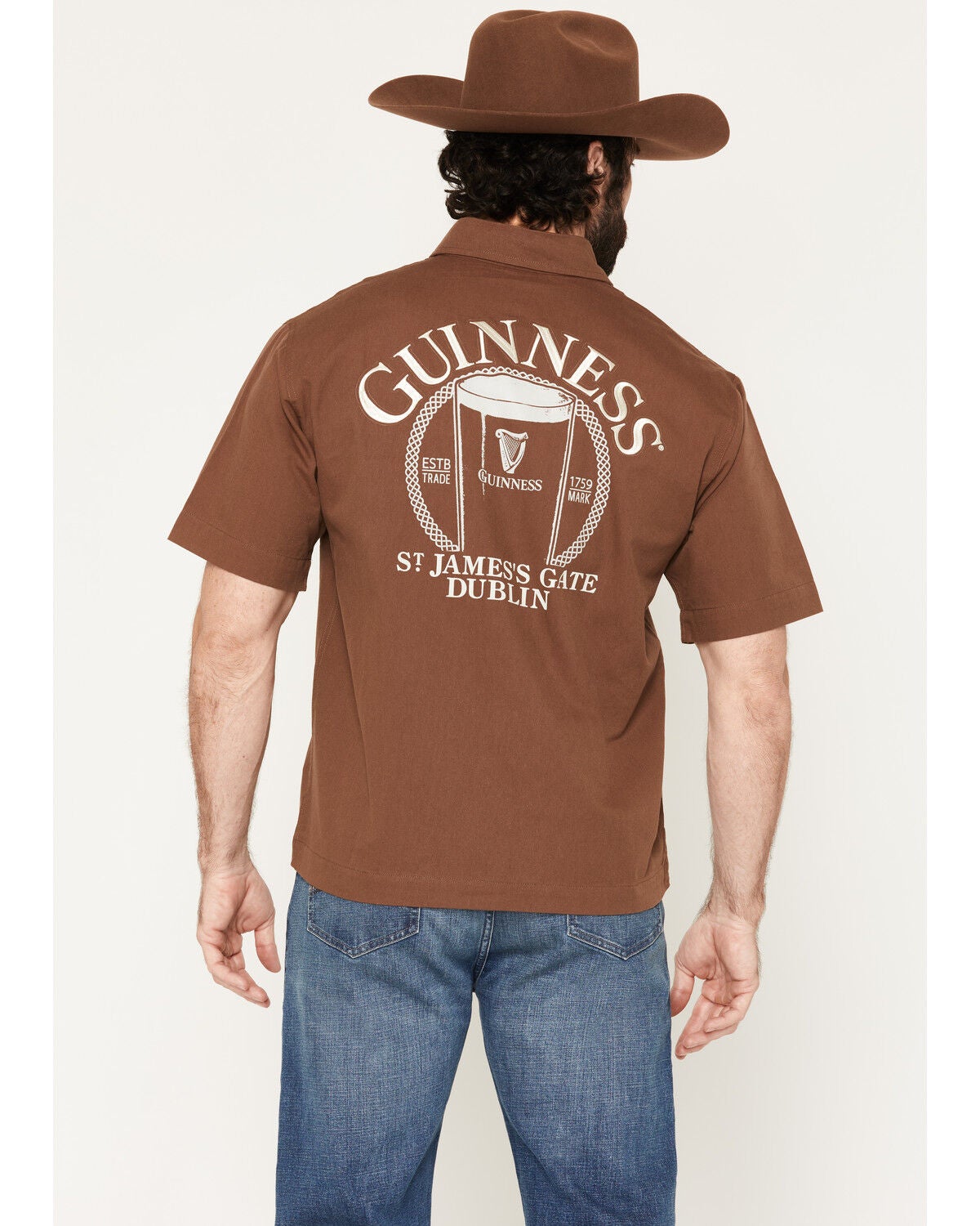 Guinness Men's Boot Barn Exclusive Embroidered Short Sleeve Button-Down Shirt, Brown, hi-res