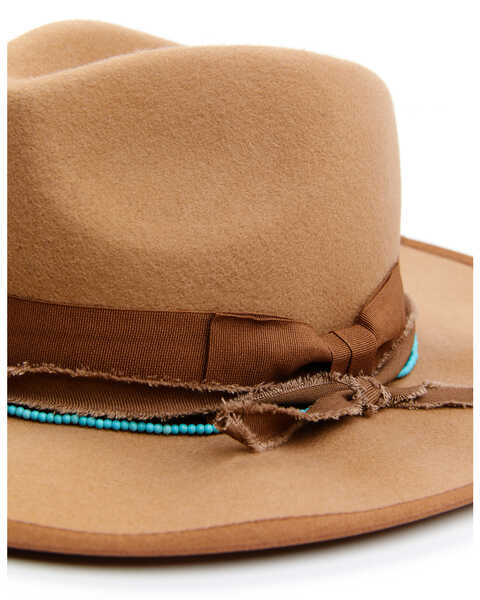 Shyanne Women's Rancher Tonal Ribbons & Turquoise Bead Fedora Hat, Tan, hi-res