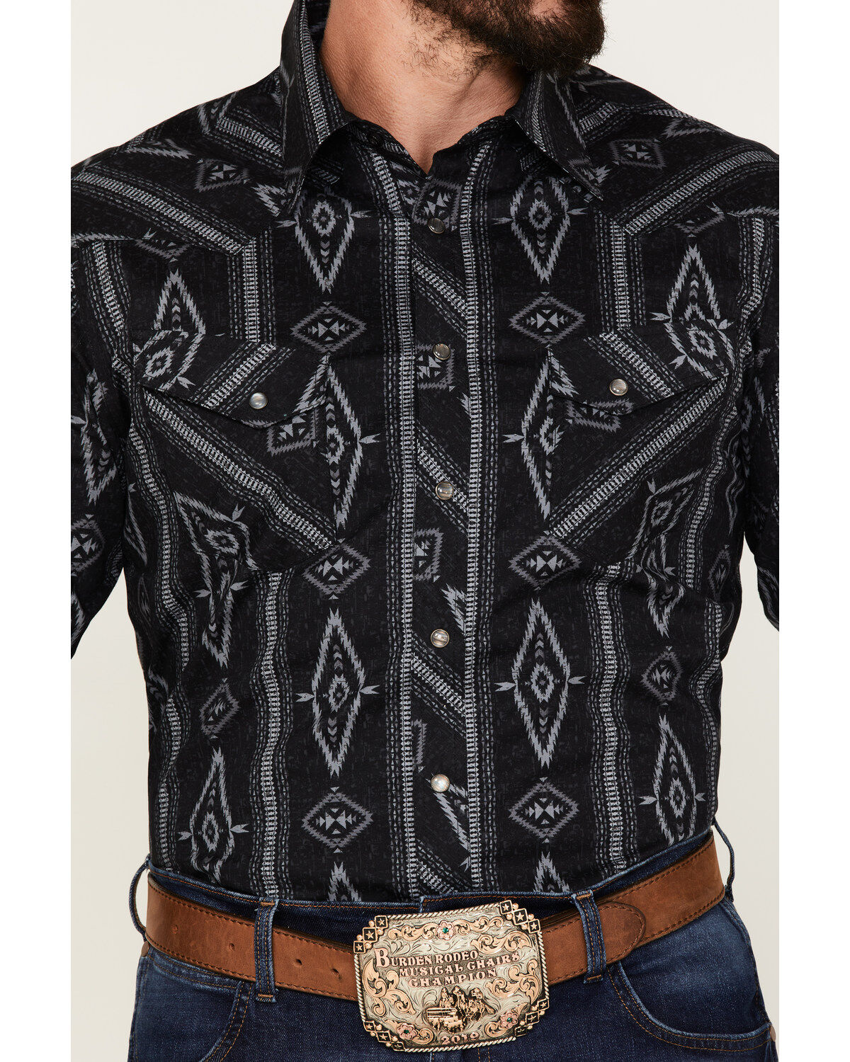Image #3 - Rock & Roll Denim Men's Southwestern Stretch Long Sleeve Snap Shirt, Charcoal, hi-res