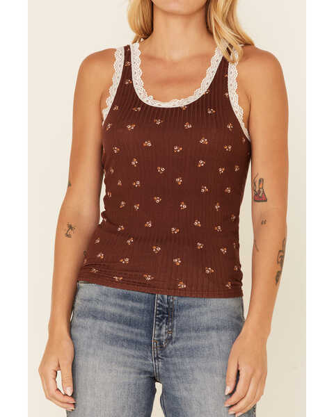 Image #3 - Wild Moss Women's Floral Print Ribbed Pointelle Tank Top, Brown, hi-res