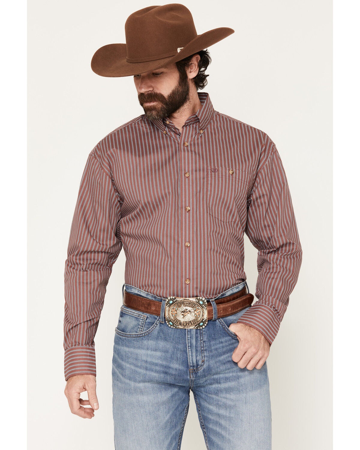 Wrangler Men's Classics Striped Long Sleeve Button-Down Western Shirt, Red, hi-res