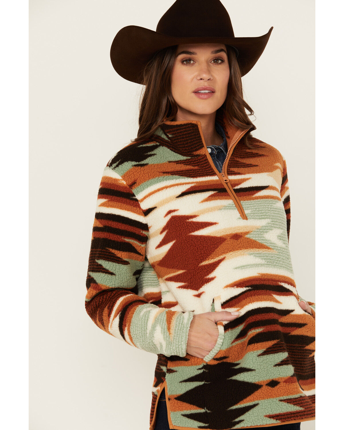 Image #2 - Wrangler Women's Southwestern Sherpa Fleece 1/2 Zip Pullover, , hi-res