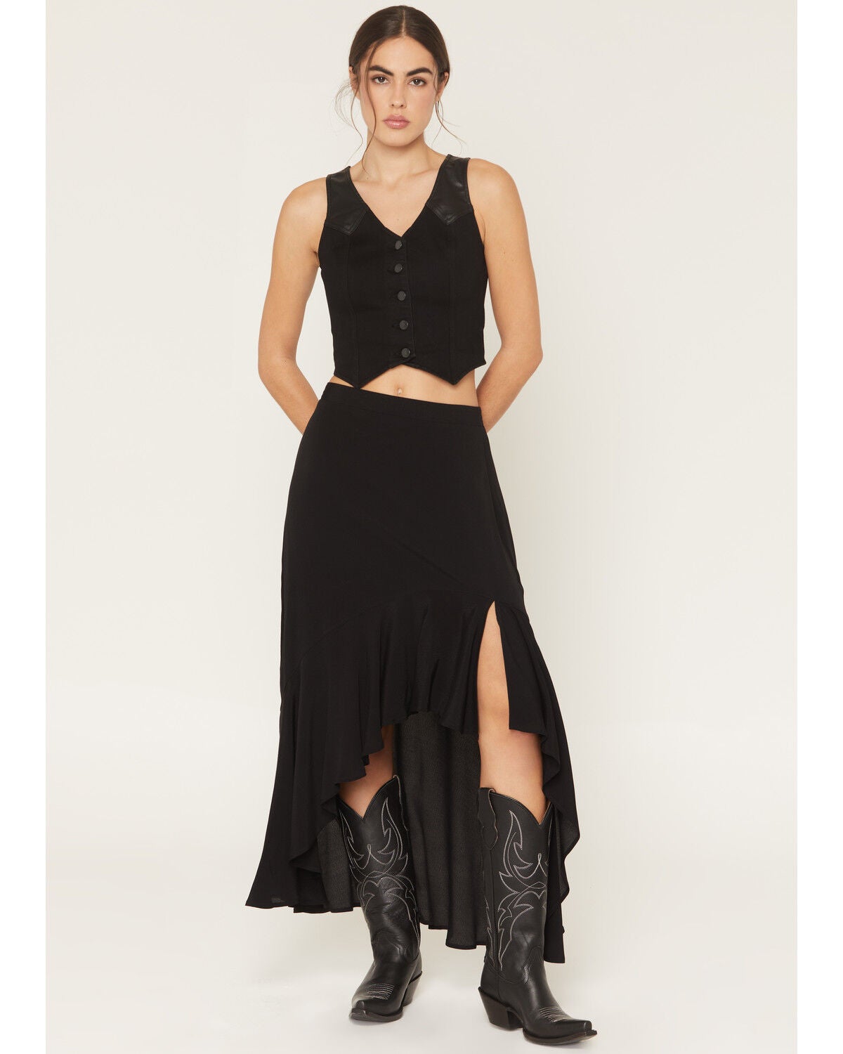 Wild Moss Women's High Slit Ruffle Hem Skirt, Black, hi-res